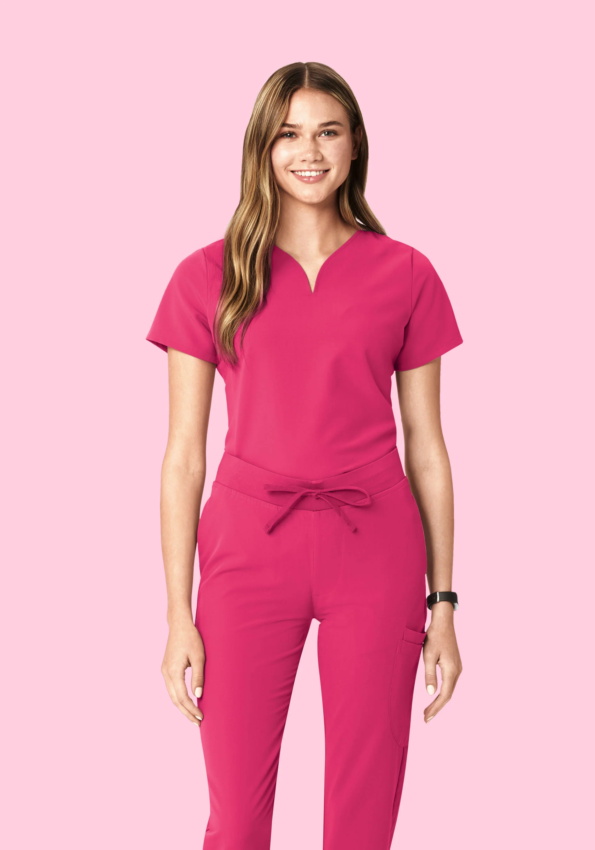 Curved V-Neck Top Hot Pink